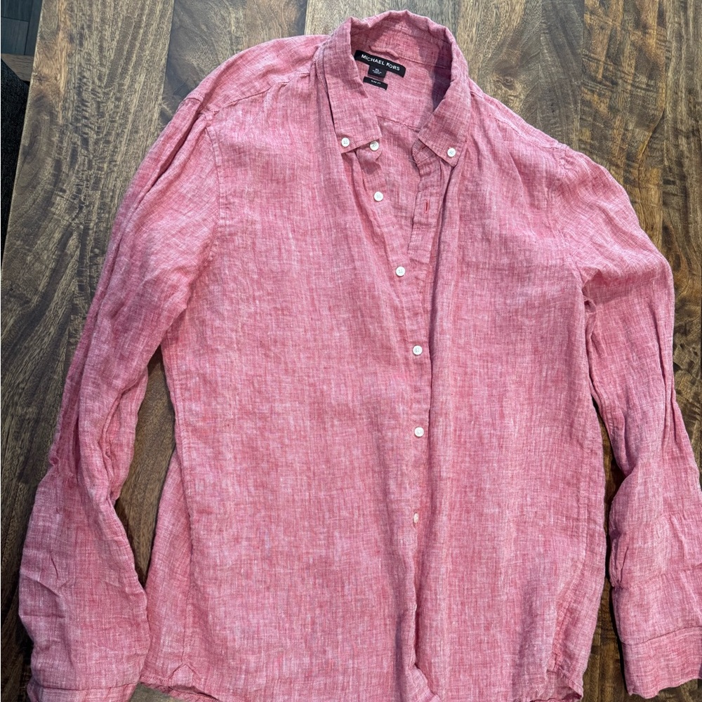 Men's Used Once MICHAEL KORS Pink Red Linen Shirt XL slim